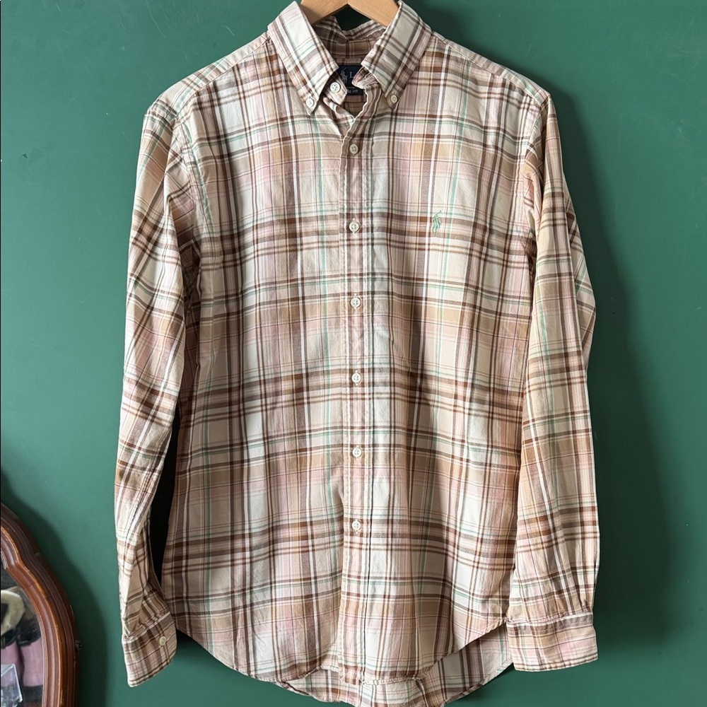 Ralph Lauren Classic Fit Tan & Green Plaid Button Down Shirt Preppy Classic